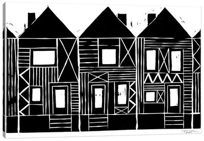 Three Row Houses Canvas Art Print - Black & White Minimalist Décor