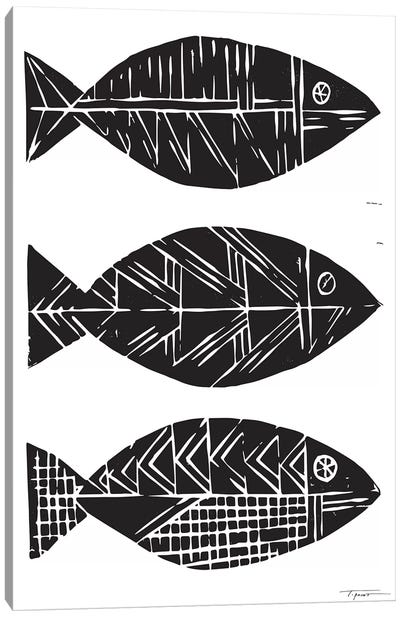 Three Tribal Fish Canvas Art Print - Black & White Animal Art