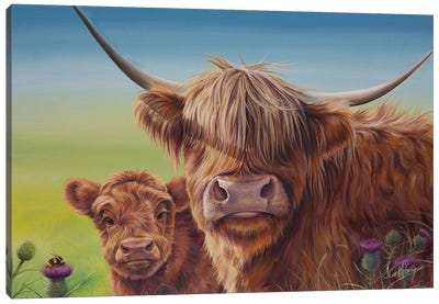 Me My Boy And A Bee Canvas Art Print - Highland Cow Art