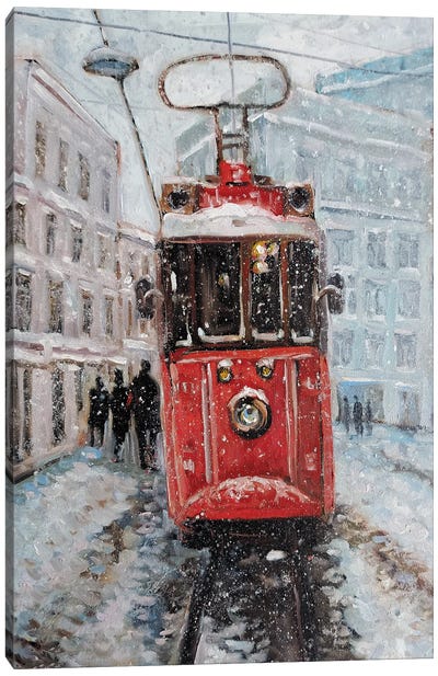 Winter Tram Canvas Art Print - Village & Town Art