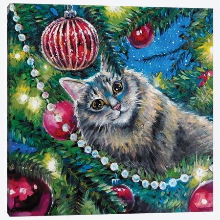 Fluffy Cat Insude Christmas Tree Canvas Print #SHH42} by Lana Shamshurina Canvas Artwork