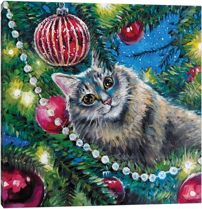 Fluffy Cat Insude Christmas Tree Canvas Art Print - Christmas Animal Art