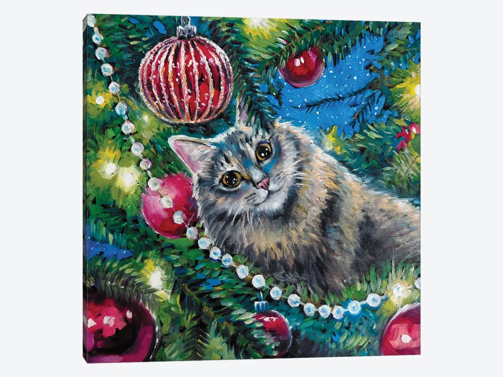Fluffy Cat Insude Christmas Tree by Lana Shamshurina 1-piece Canvas Artwork
