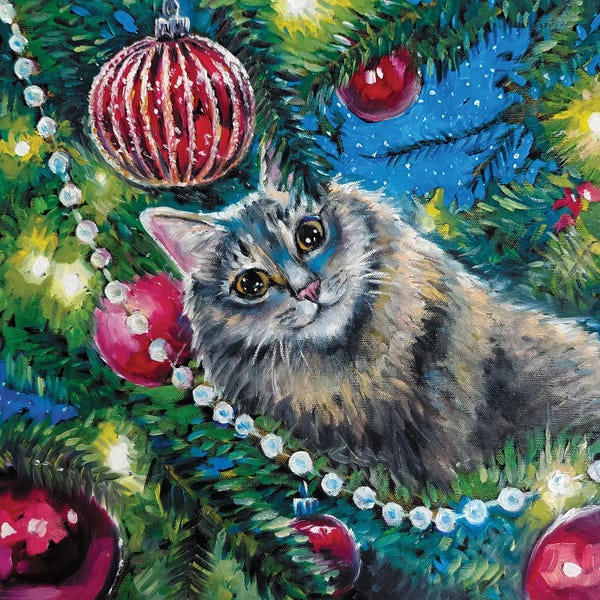 Christmas Animals: Fluffy Cat Insude Christmas Tree by Lana Shamshurina