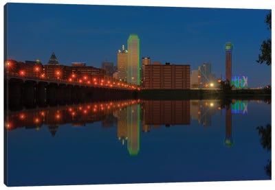 Dallas Skyline And Reflection At Twilight Canvas Art Print - Dallas Art