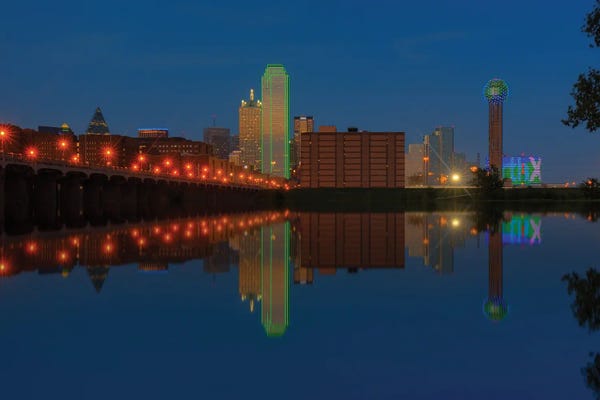 Canvas Print: Dallas Skyline And Reflection At Twilight by Bill Sherrell