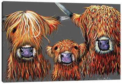 We 3 Coos On Grey Canvas Art Print - Highland Cow Art