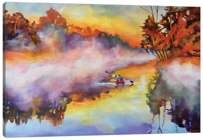 Kayak In The Mist Canvas Art Print - Maxine Shore