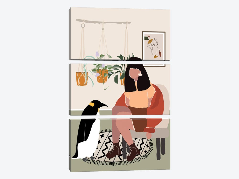 Penguin In My Living Room by Jania Sharipzhanova 3-piece Canvas Art Print