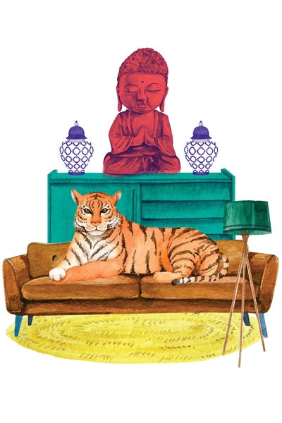 Chinoiserie: Tiger In Chinoiserie Decor Room by Jania Sharipzhanova