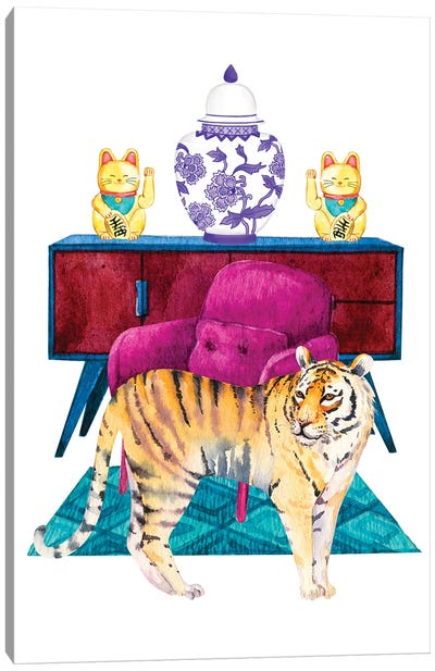 Tiger In Chinoiserie Decor Living Room Canvas Art Print - Jania Sharipzhanova