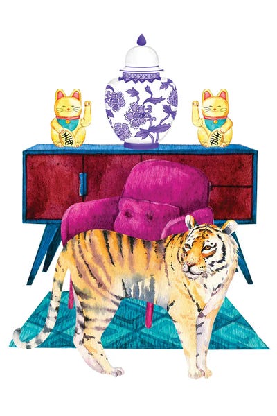 Charming Blue: Tiger In Chinoiserie Decor Living Room by Jania Sharipzhanova