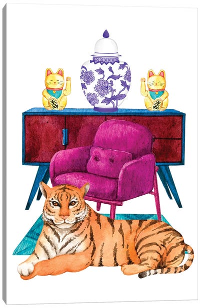 Tiger In Maximalist Decor Room Canvas Art Print - Charming Blue