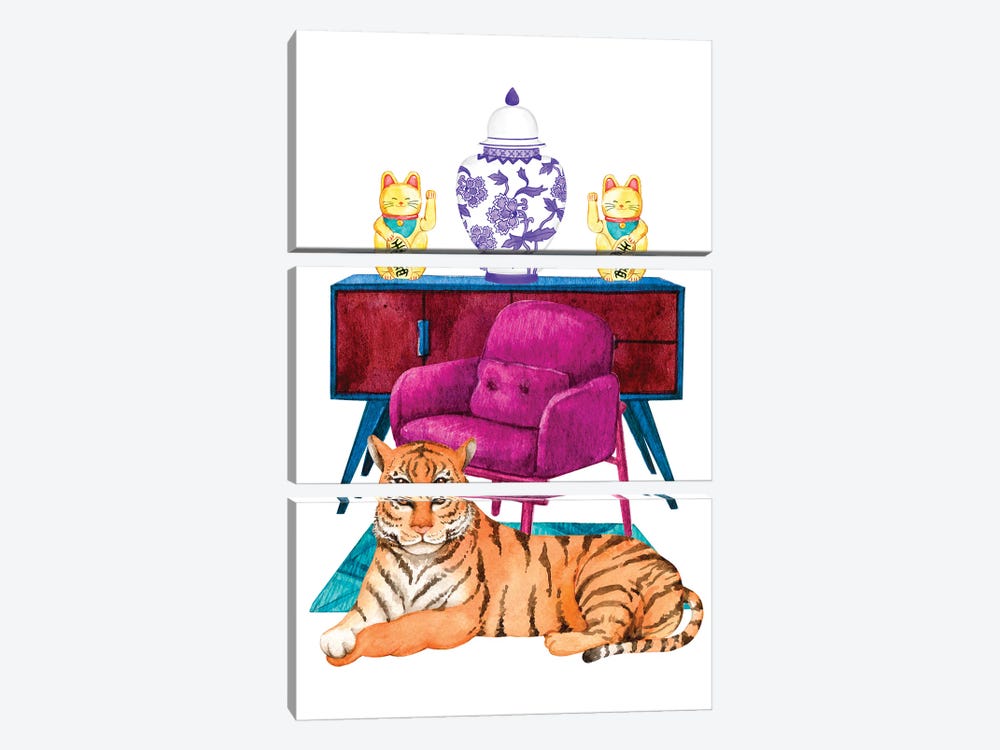 Tiger In Maximalist Decor Room by Jania Sharipzhanova 3-piece Canvas Print