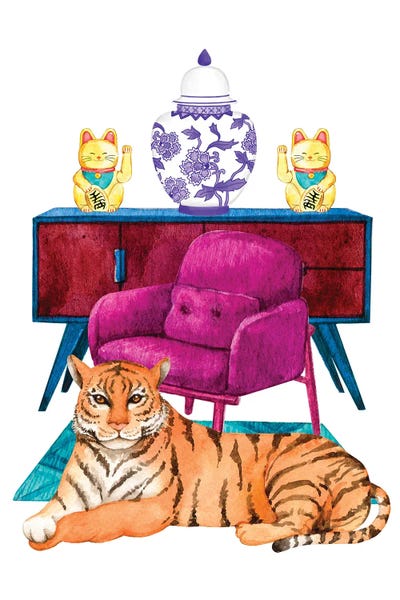 Charming Blue: Tiger In Maximalist Decor Room by Jania Sharipzhanova