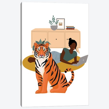 Tiger In My Room Canvas Print #SHZ105} by Jania Sharipzhanova Canvas Artwork