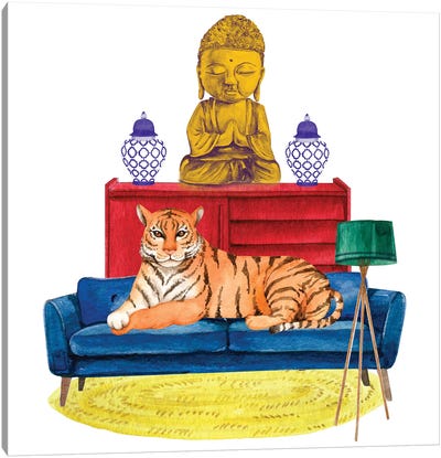 Tiger And Buddha Canvas Art Print - Charming Blue