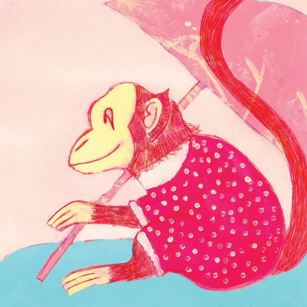 Monkeys: Red Chinoiserie Monkey by Jania Sharipzhanova