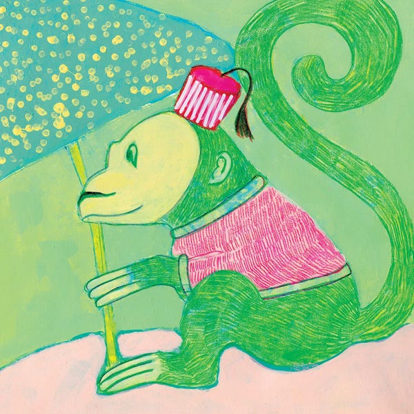 Monkeys: Green Chinoiserie Monkey by Jania Sharipzhanova