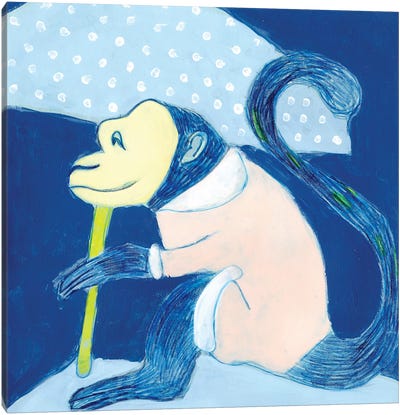 Blue Chinoiserie Monkey Canvas Art Print - Monkey Art