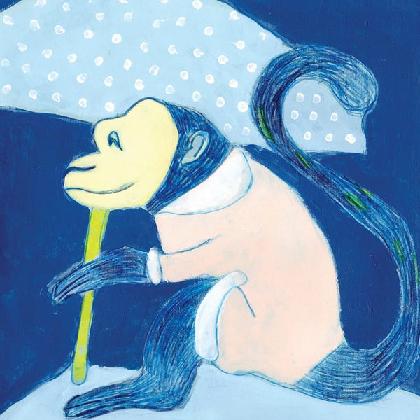 Monkeys: Blue Chinoiserie Monkey by Jania Sharipzhanova