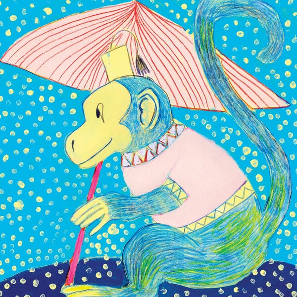 Jania Sharipzhanova: Polka Dot Chinoiserie Monkey by Jania Sharipzhanova