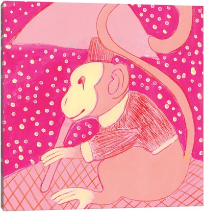 Polka Dot Pink Chinoiserie Monkey Canvas Art Print - Monkey Art