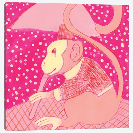 Polka Dot Pink Chinoiserie Monkey Canvas Print #SHZ115} by Jania Sharipzhanova Art Print