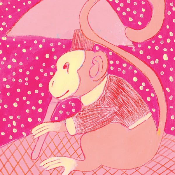 Jania Sharipzhanova: Polka Dot Pink Chinoiserie Monkey by Jania Sharipzhanova