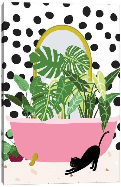 Pink Botanical Bathtub Canvas Art Print - Polka Dot Patterns