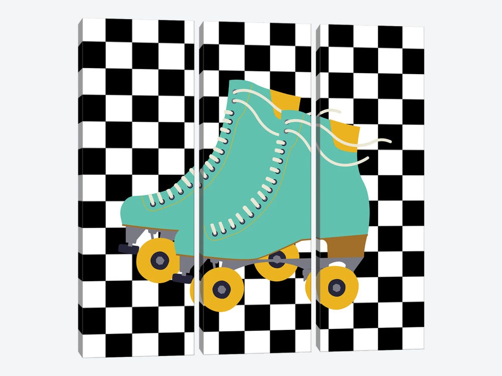 Roller Skates On Checkerboard Pattern by Jania Sharipzhanova 3-piece Canvas Art Print