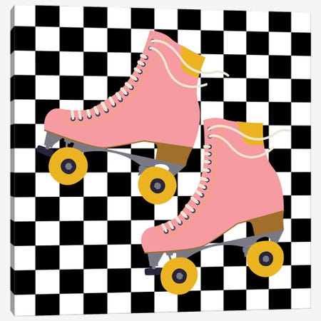 Pink Roller Skates On Checkered Pattern Canvas Print #SHZ161} by Jania Sharipzhanova Canvas Art Print