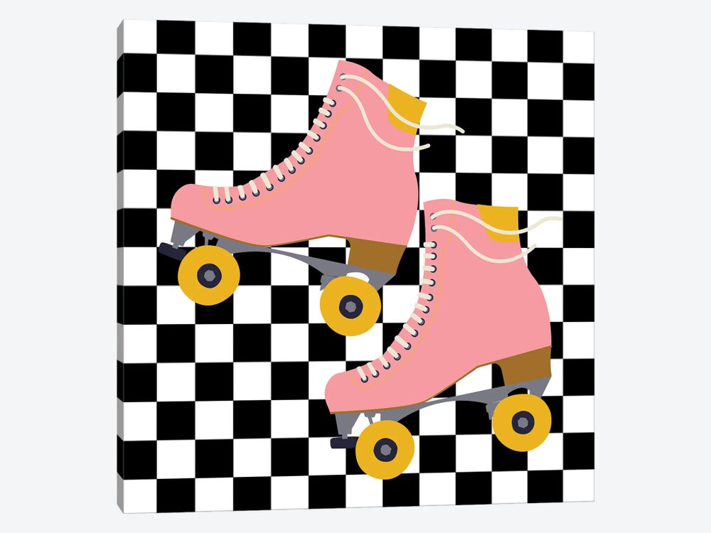 Pink Roller Skates On Checkered Pattern by Jania Sharipzhanova 1-piece Canvas Art