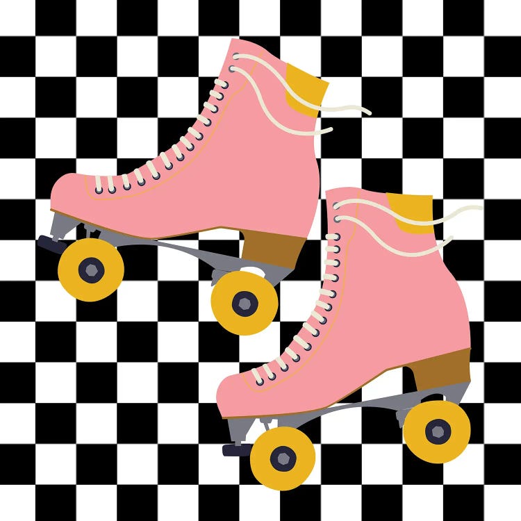 Pink Roller Skates On Checkered Pattern