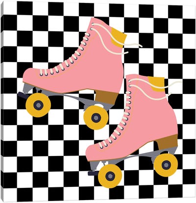 Pink Roller Skates On Checkered Pattern Canvas Art Print - Rollerblading & Roller Skating