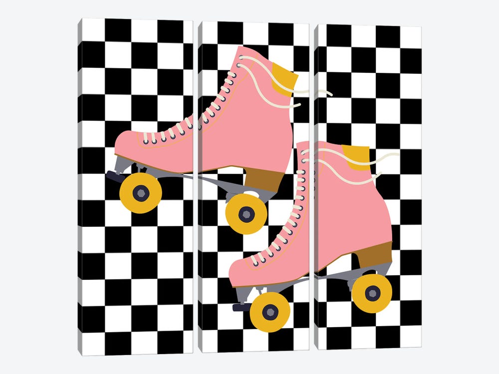 Pink Roller Skates On Checkered Pattern by Jania Sharipzhanova 3-piece Canvas Art