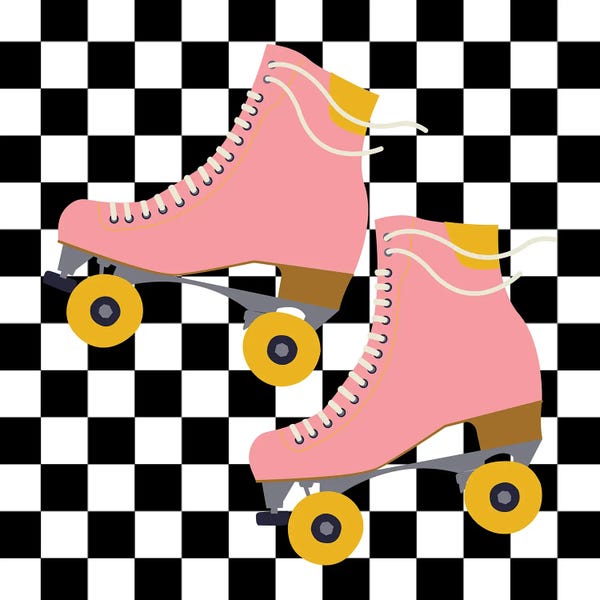 Rollerblading & Roller Skating: Pink Roller Skates On Checkered Pattern by Jania Sharipzhanova