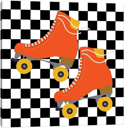 Orange Roller Skates On Checkered Pattern Canvas Art Print