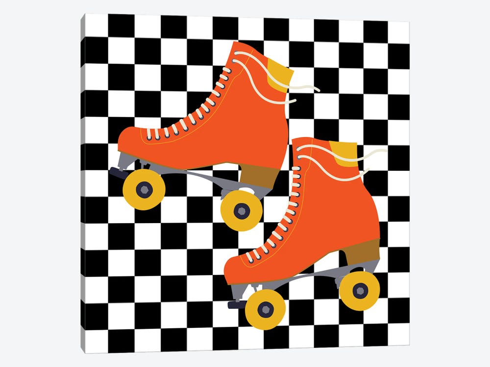Orange Roller Skates On Checkered Pattern by Jania Sharipzhanova 1-piece Canvas Art Print