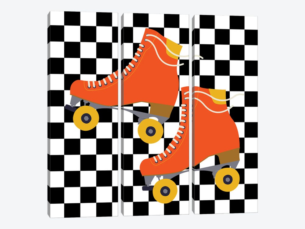 Orange Roller Skates On Checkered Pattern by Jania Sharipzhanova 3-piece Canvas Print