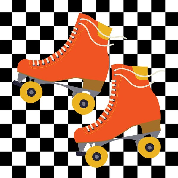 Rollerblading & Roller Skating: Orange Roller Skates On Checkered Pattern by Jania Sharipzhanova