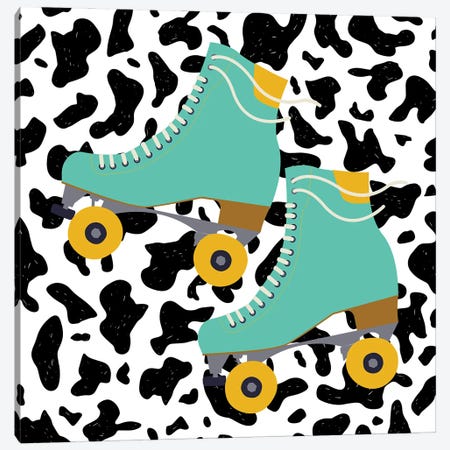 Teal Roller Skates On Cow Pattern Canvas Print #SHZ167} by Jania Sharipzhanova Canvas Artwork