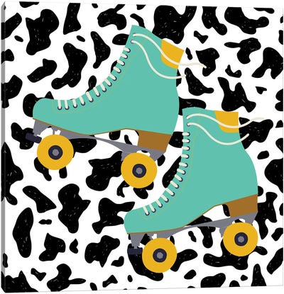 Teal Roller Skates On Cow Pattern Canvas Art Print - Animal Patterns