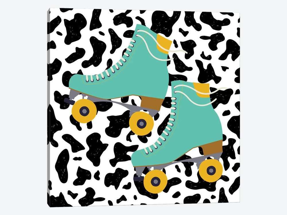 Teal Roller Skates On Cow Pattern by Jania Sharipzhanova 1-piece Canvas Art