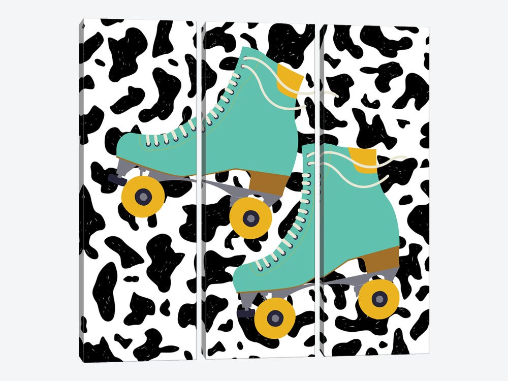Teal Roller Skates On Cow Pattern by Jania Sharipzhanova 3-piece Canvas Wall Art