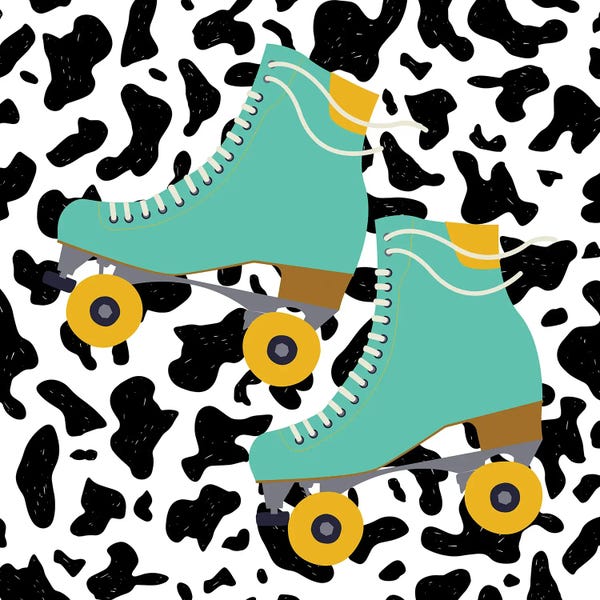 Jania Sharipzhanova: Teal Roller Skates On Cow Pattern by Jania Sharipzhanova