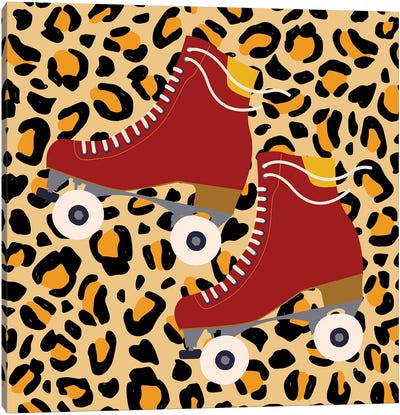 Burnt Orange Roller Skates On Cheetah Pattern Canvas Art Print - Animal Patterns