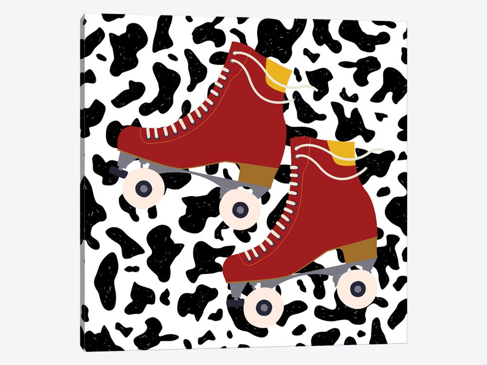 Burnt Orange Roller Skates On Cow Pattern by Jania Sharipzhanova 1-piece Canvas Wall Art
