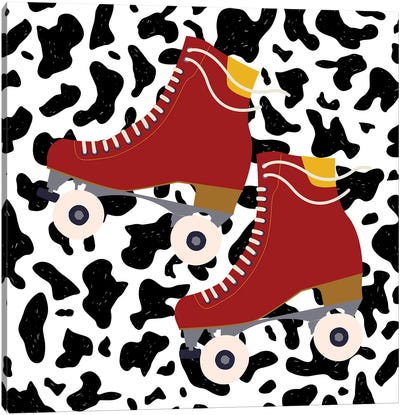 Burnt Orange Roller Skates On Cow Pattern Canvas Art Print - Animal Patterns