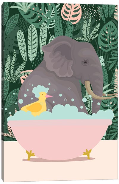 Elephant Taking A Bath Canvas Art Print - Monstera Art